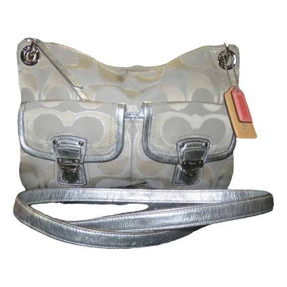 Vintage Coach Hippy Chic Silver & Tan Handbag Tote Purse c - Picture 1 of 12
